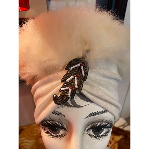 vintage 1940s cream turban rabbit fur hat jeweled 40s fashion avant garde diva main image 8